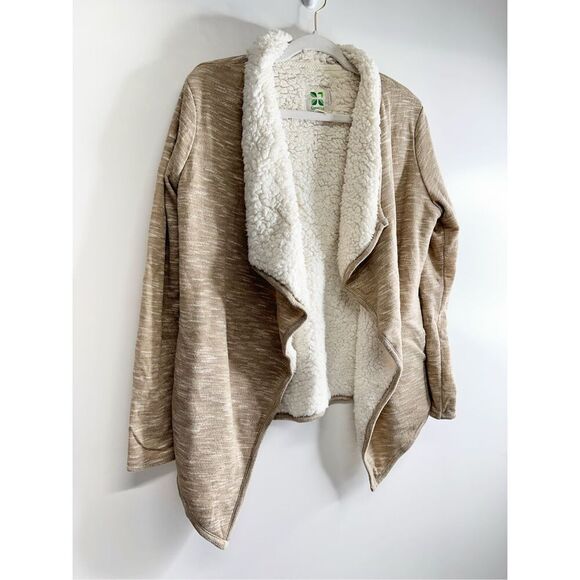 Green Tea Sherpa Lined Open Cardigan Tan Womens Size Medium Side Pockets - Picture 4 of 7